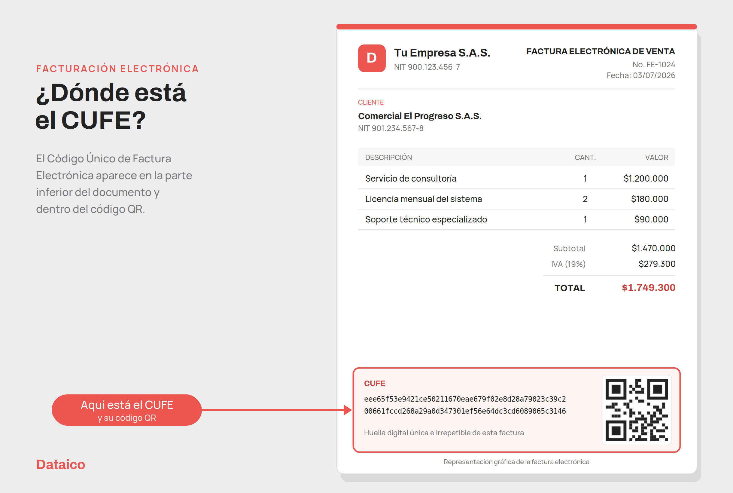 Factura electrónica de ejemplo que muestra dónde aparece el CUFE y su código QR en la parte inferior del documento