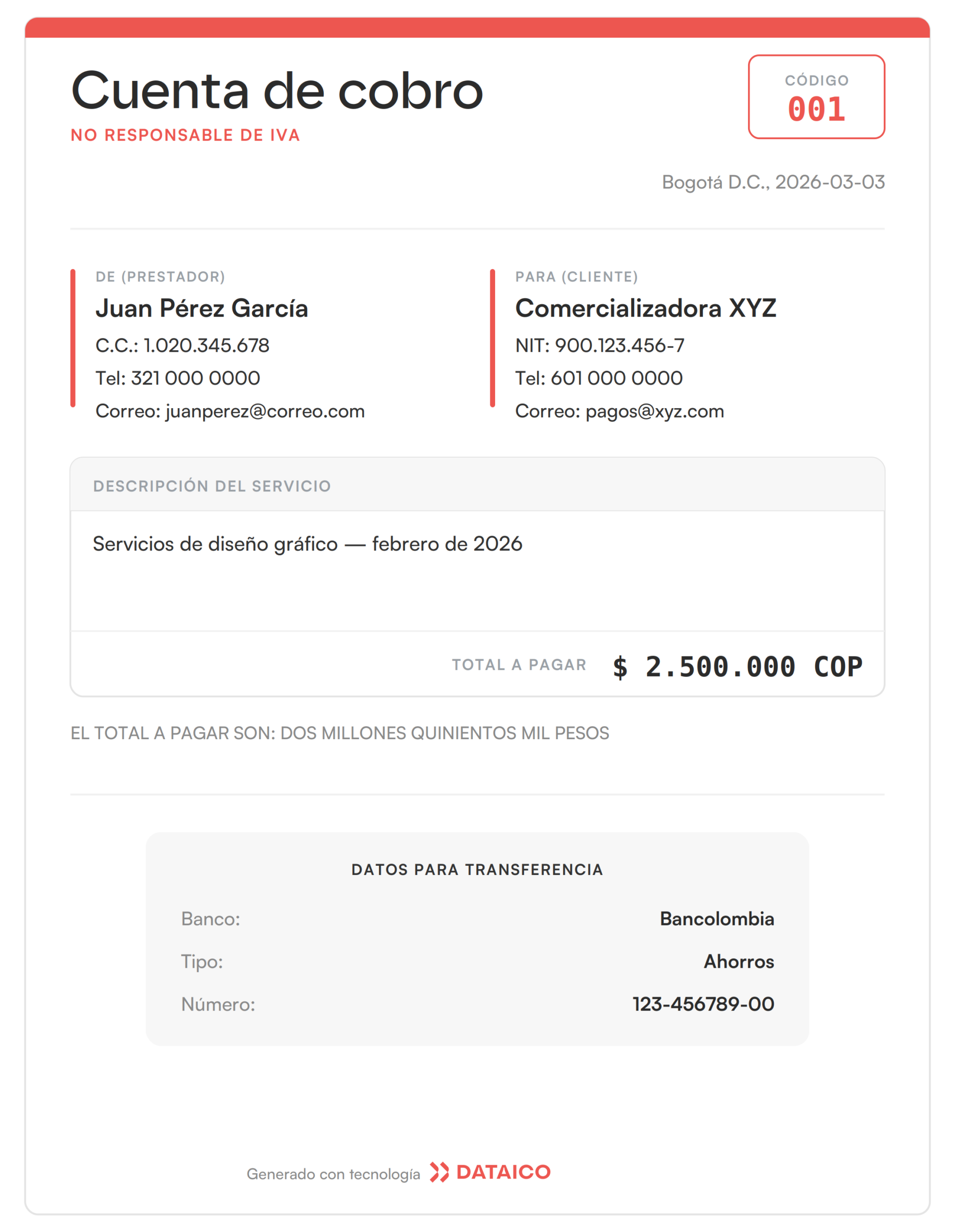 Las 7 partes de una cuenta de cobro: ciudad y fecha, número, quién paga, quién cobra, valor, concepto y datos de pago con firma